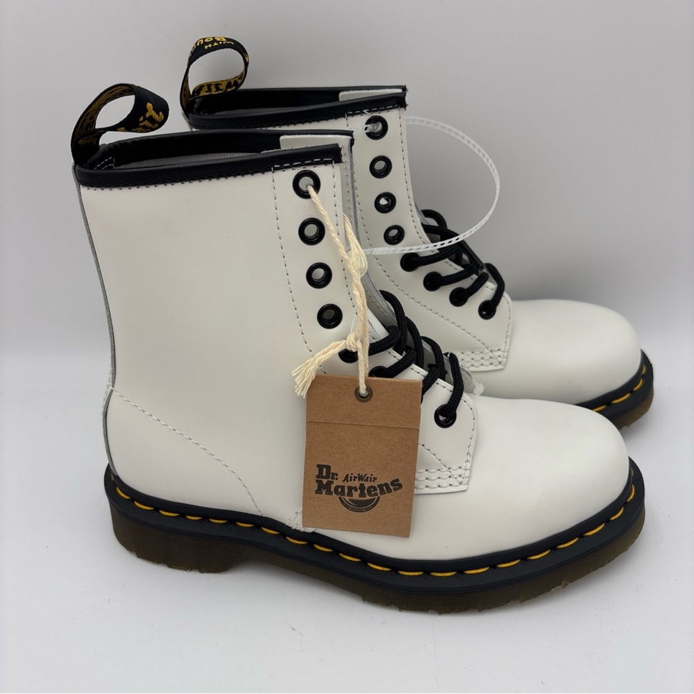 Dr. Martens White Leather Combat Boots with Black Accents